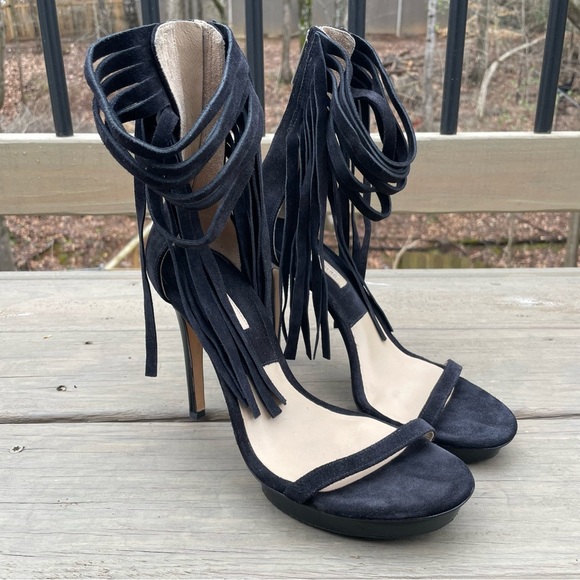 Michael Kors Daphne Black Fringe Platform Open Toe Stiletto Sandals Shoes 39.5 - Picture 3 of 16